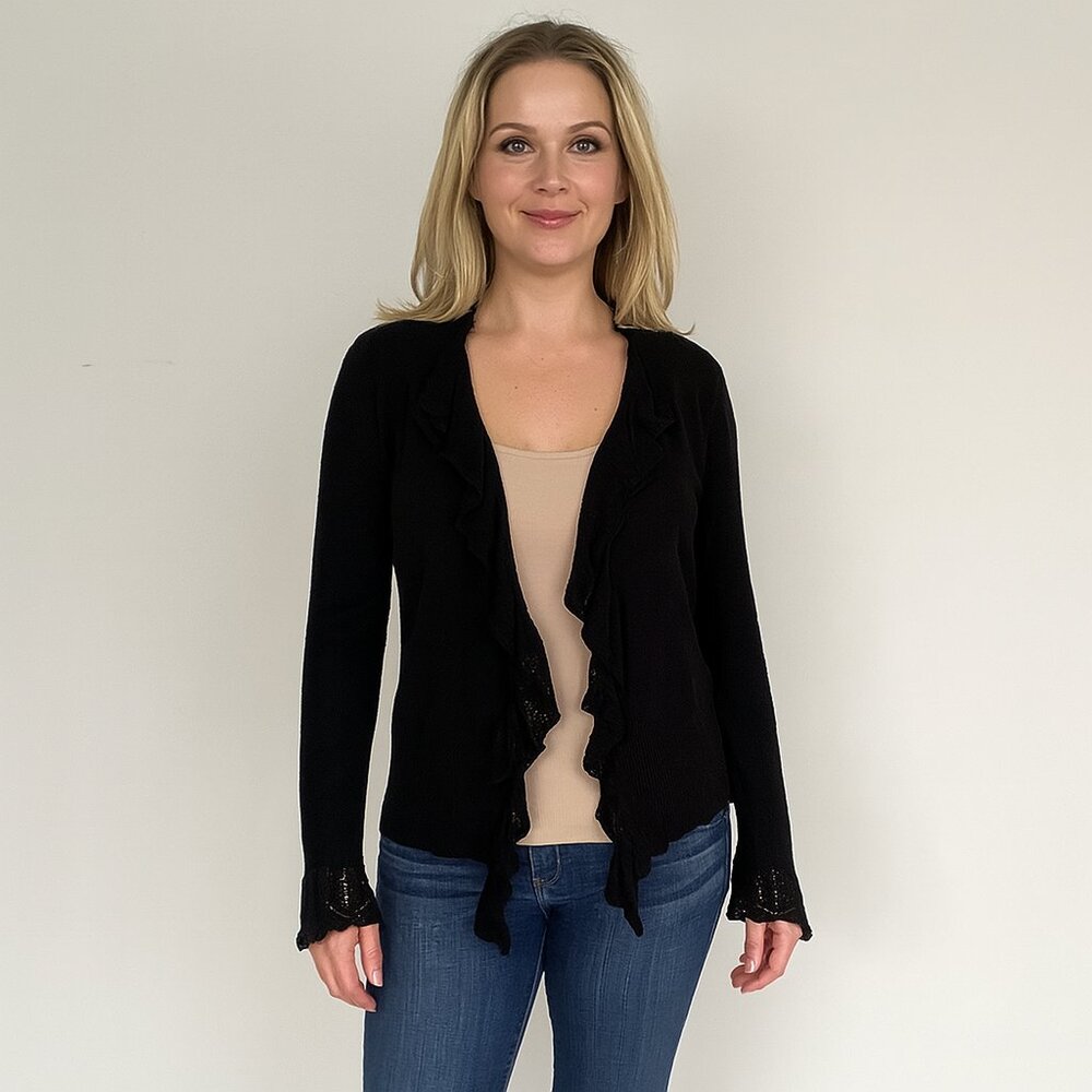 Max Studio Black Ruffle-Edge Cardigan Sweater | Size L | Elegant Textured Hem
